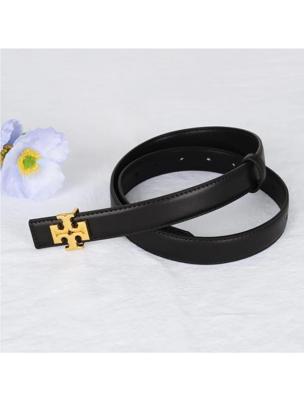 Black Leather Men's Belt with Gold Logo Accent